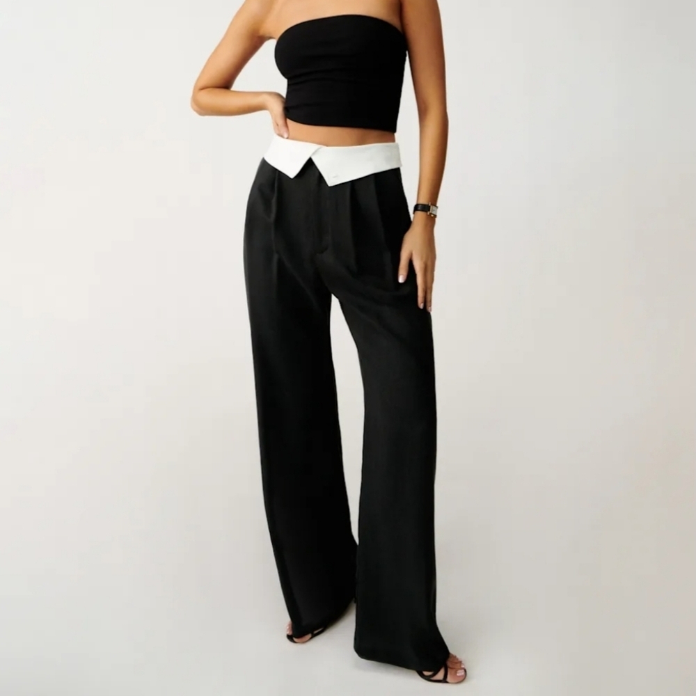 Wide Leg Black Tuxedo Pants with White Waist Detail